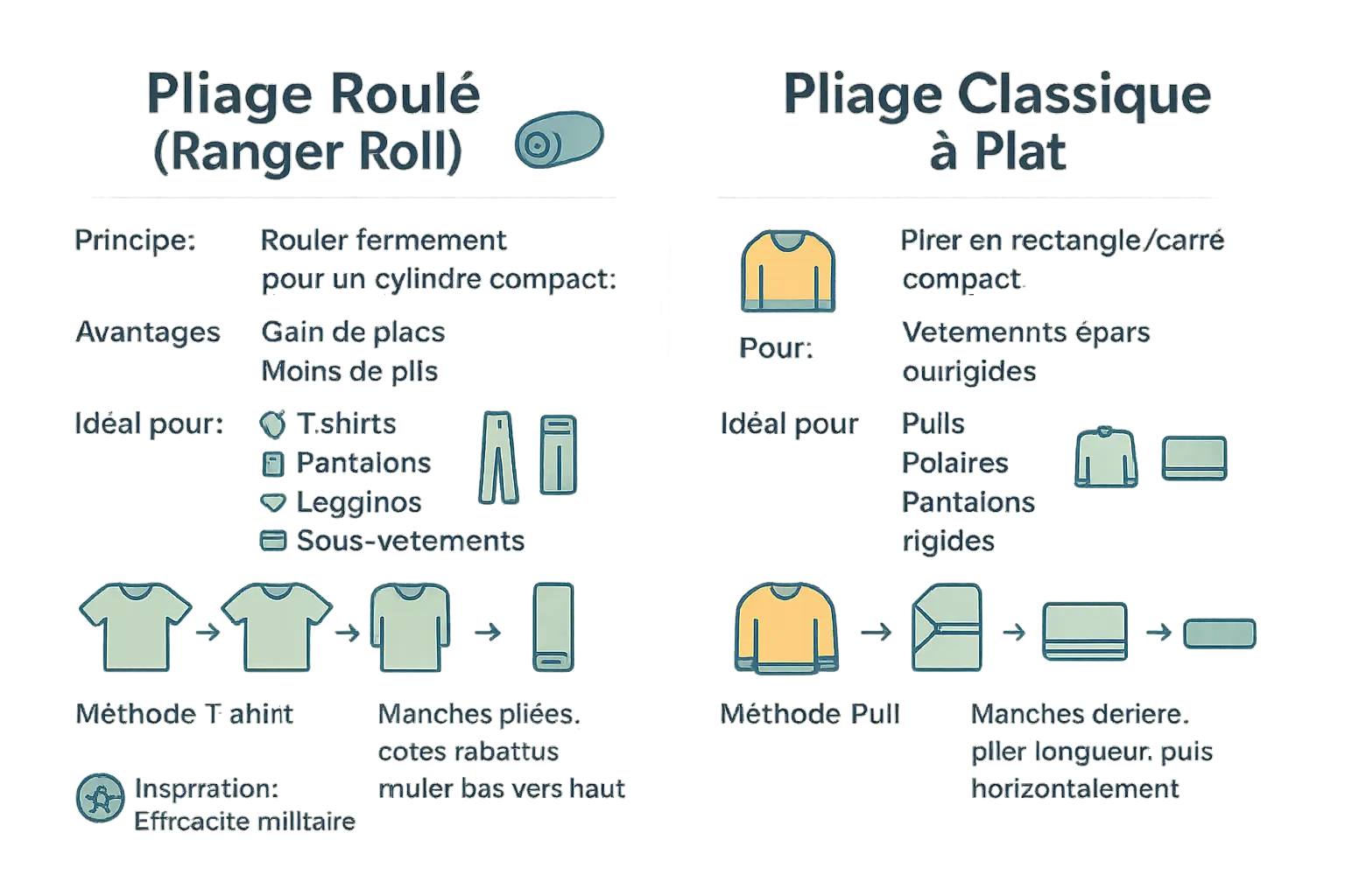 Comparaison visuelle des méthodes de pliage roulé et à plat
