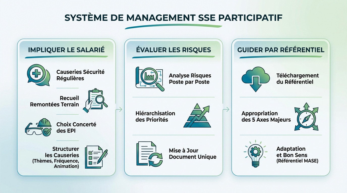 Équipe en réunion de sécurité sur un chantier pour la certification MASE