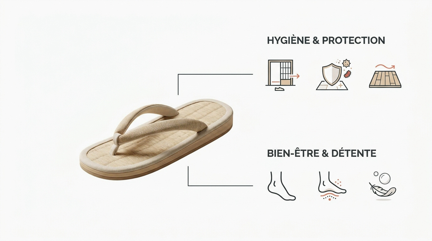 Paire de chaussons japonais traditionnels dans une entrée genkan