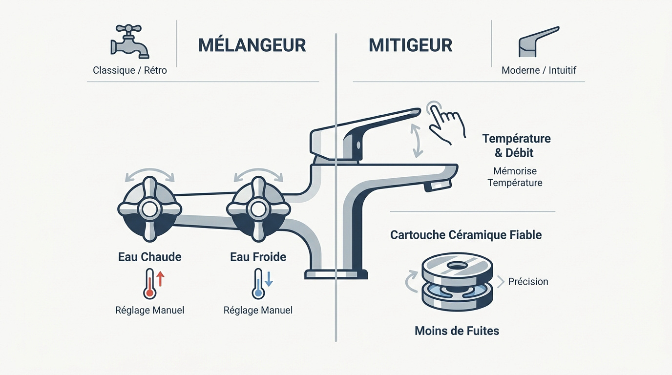 Comparaison visuelle entre un robinet mélangeur traditionnel et un mitigeur moderne