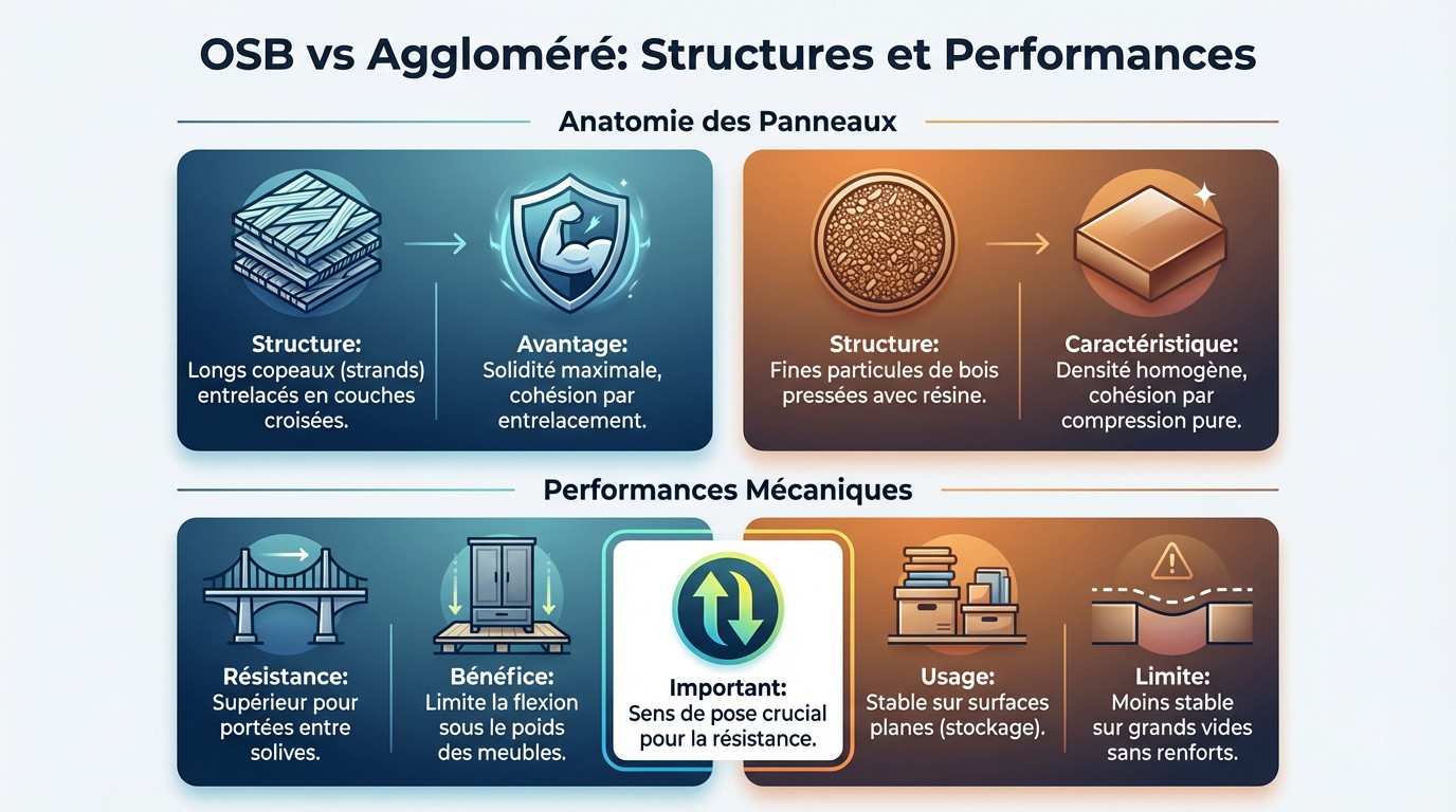 Comparaison structurelle entre un panneau OSB à lamelles orientées et un panneau aggloméré à particules compressées