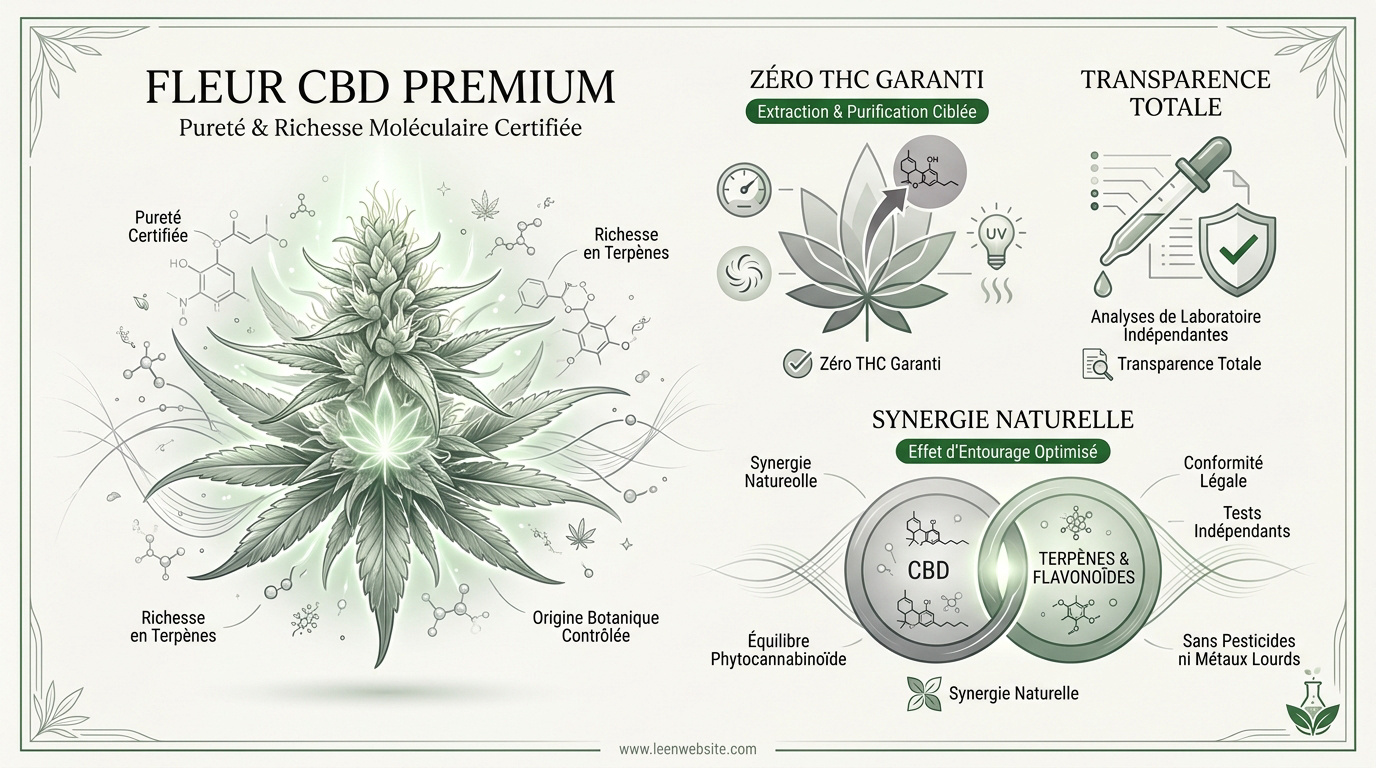 Infographie détaillant la pureté et la synergie moléculaire des fleurs de CBD premium