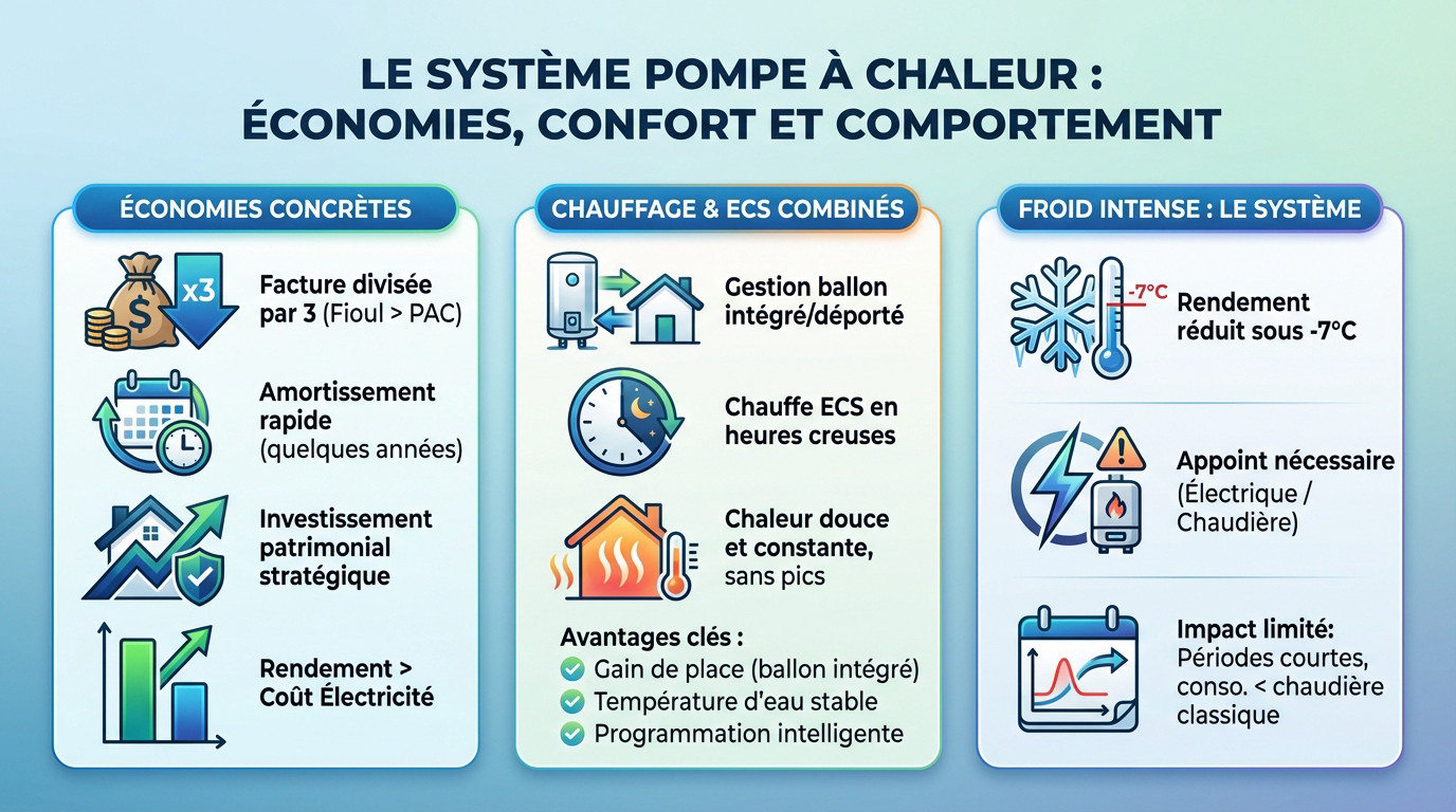 Schéma explicatif du fonctionnement économique et du confort d'une pompe à chaleur air-eau