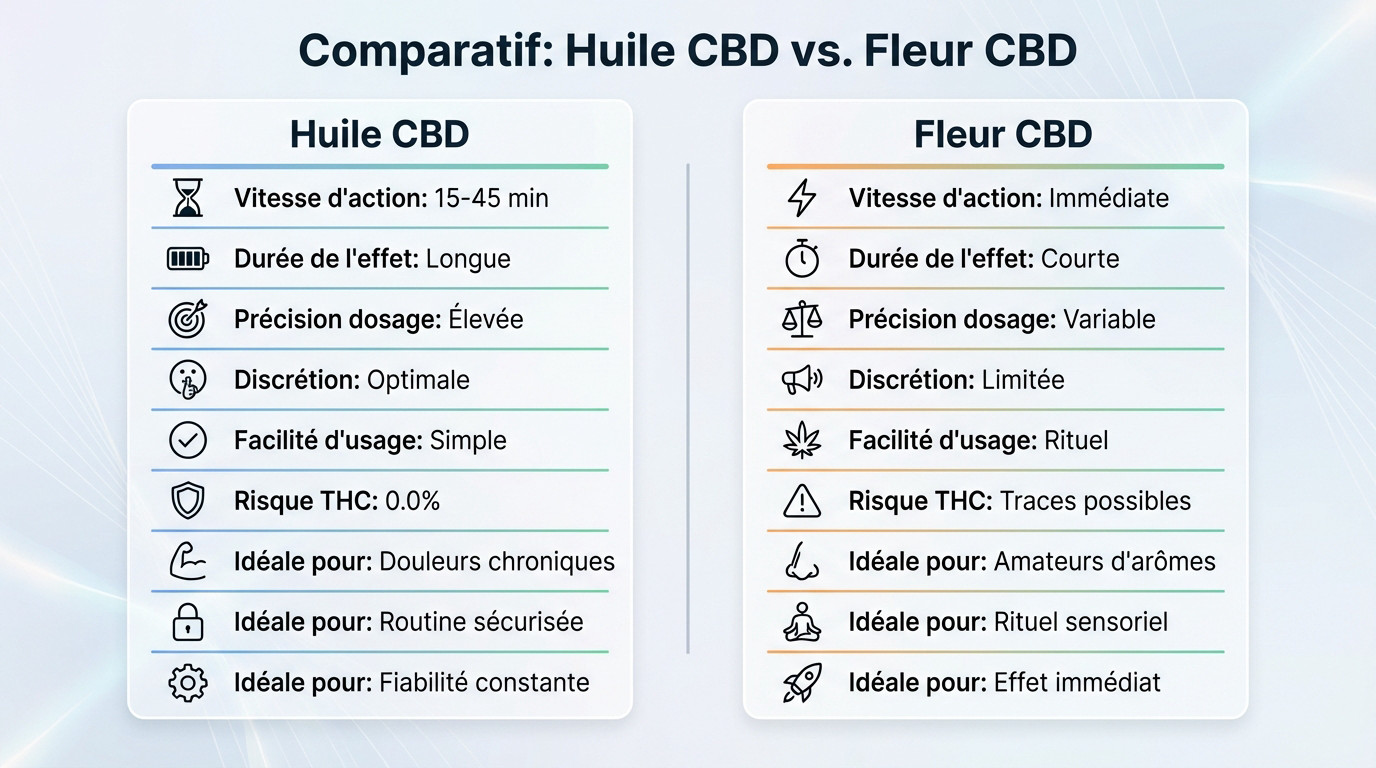 Tableau comparatif technique entre huile de CBD et fleur de CBD