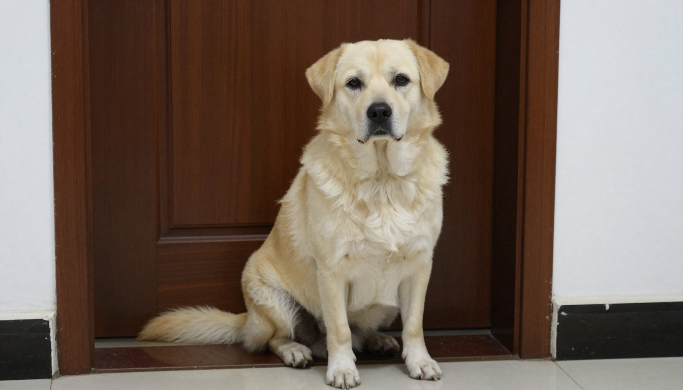 Chien assis devant une porte marron attendant de sortir