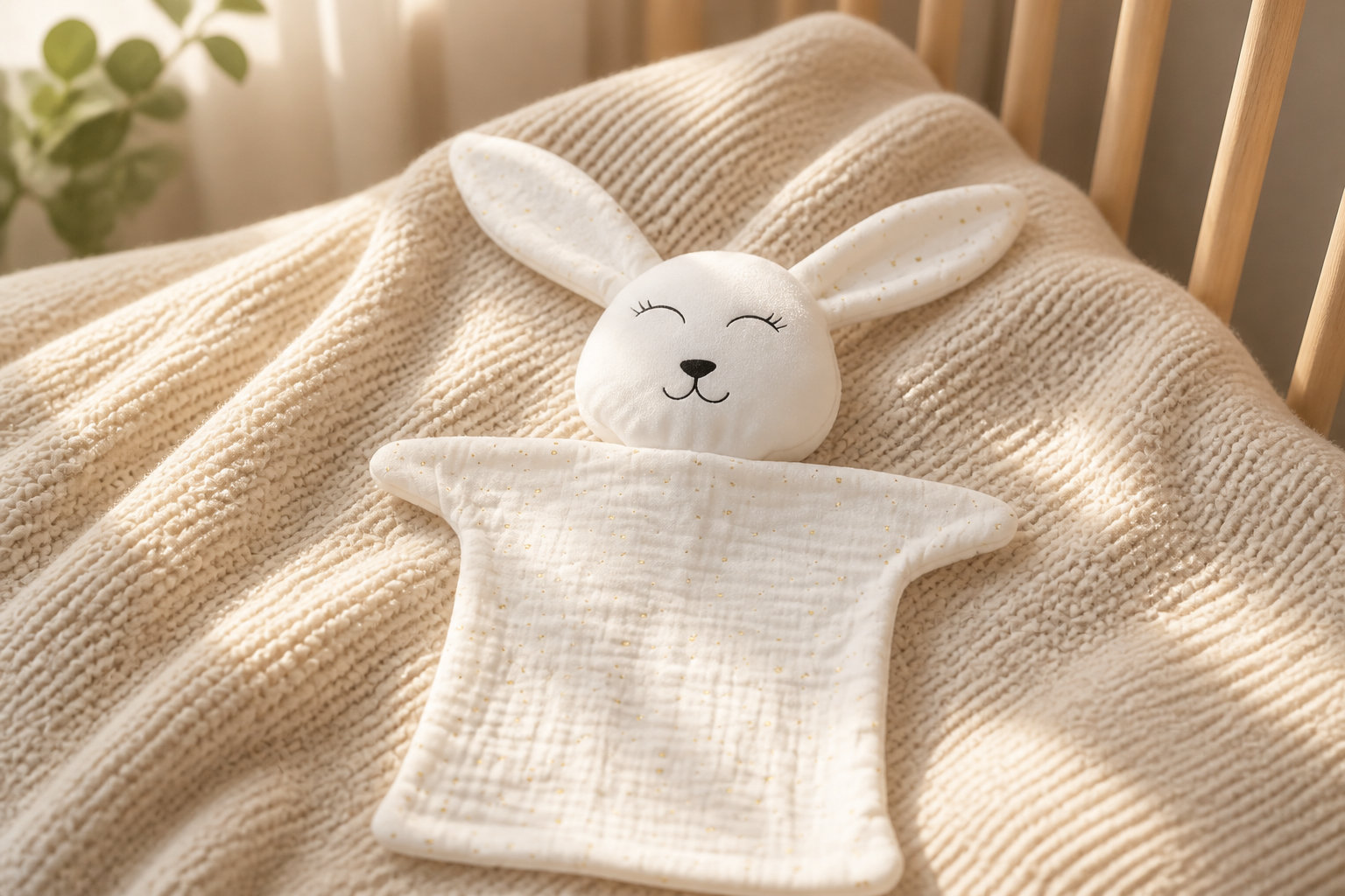 Doudou Lapin en double gaze blanche et points dorés