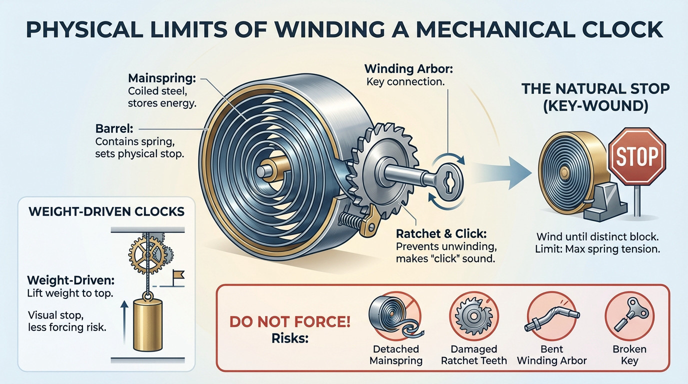 Close-up of a mechanical table clock mechanism showing the mainspring barrel and winding arbor, illustrating the physical limits of winding