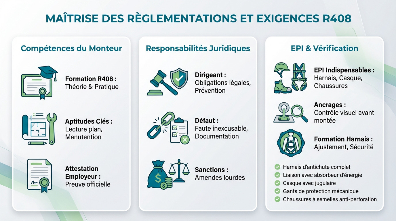 Monteur vérifiant la conformité d'un échafaudage selon la recommandation R408