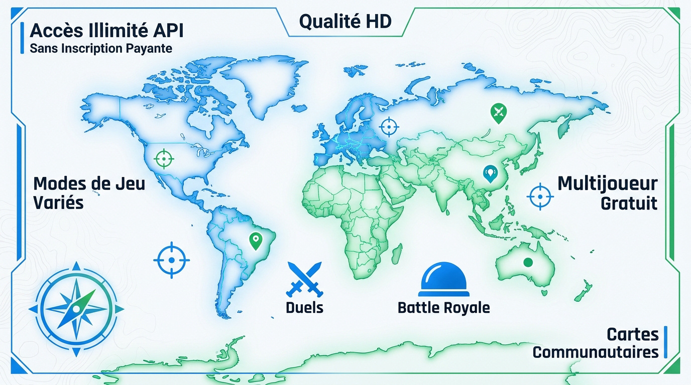 Interface de jeu de géolocalisation montrant une carte du monde et des panoramas urbains