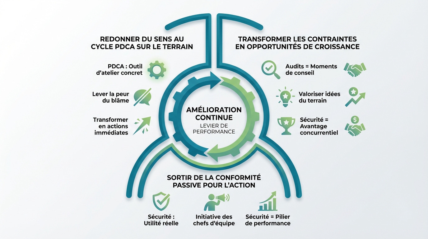 Schéma illustrant l'amélioration continue MASE comme moteur de performance industrielle