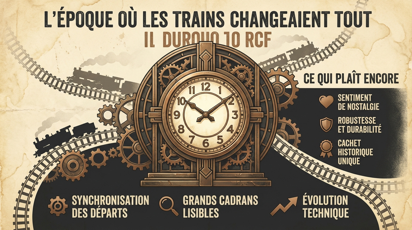Horloge de gare monumentale en fer forgé surplombant les quais d'une gare historique
