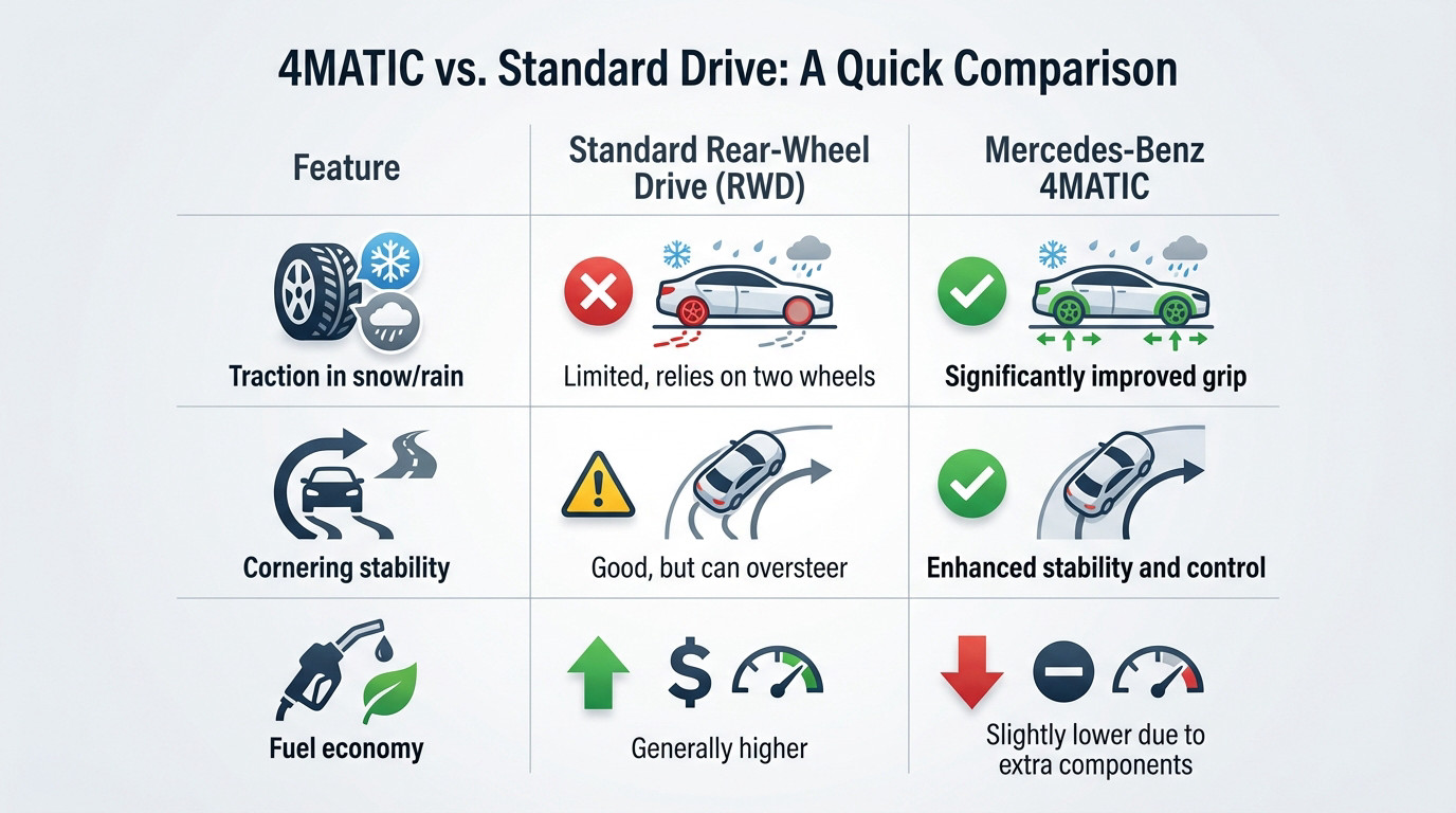Mercedes-Benz 4matic vs standard drive comparison chart showing drivetrain differences