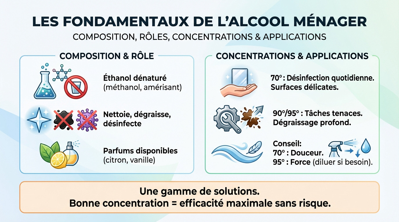 Bouteille d'alcool m&eacute;nager et chiffon microfibre pos&eacute;s sur une surface propre