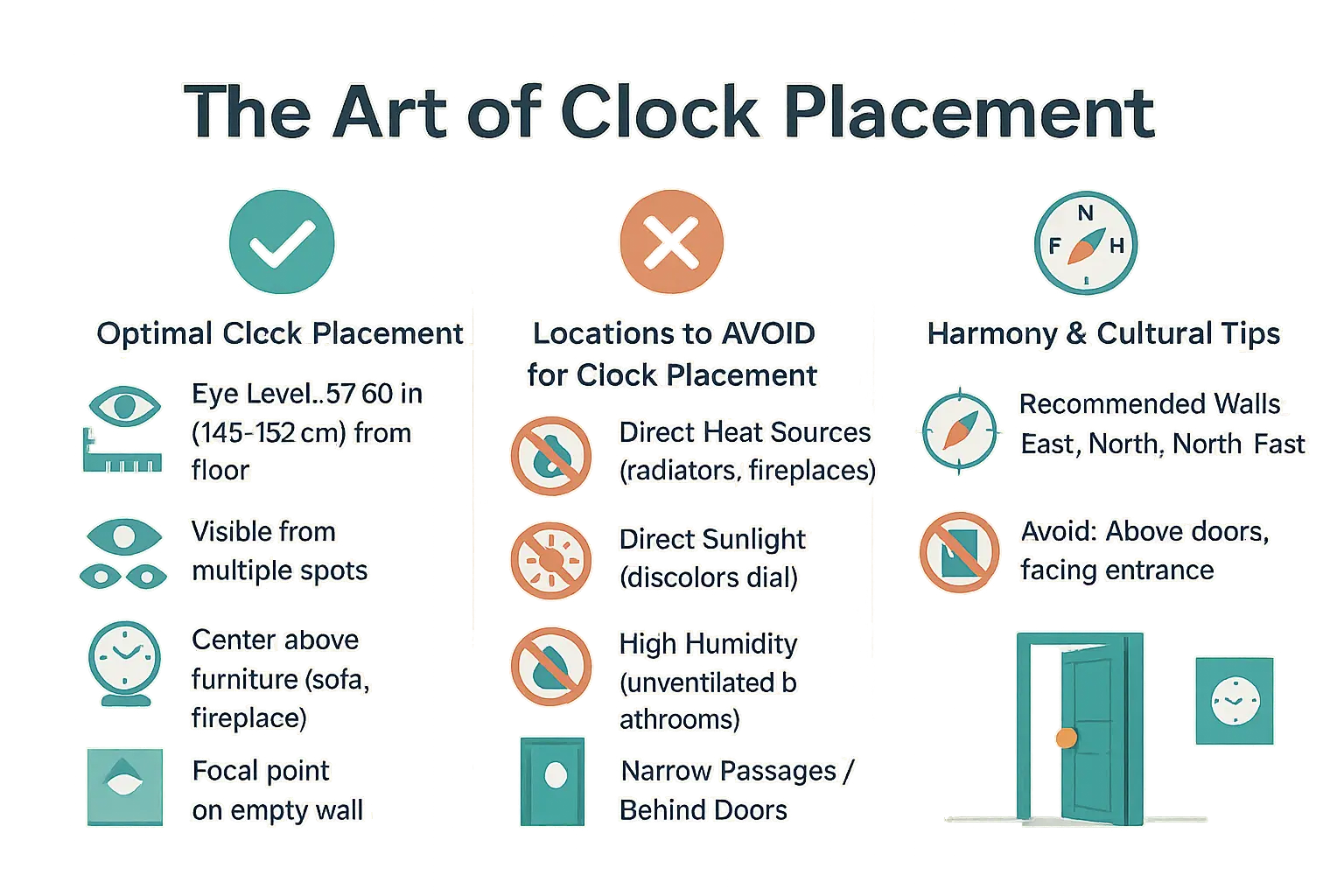 Illustration of proper clock placement in a room