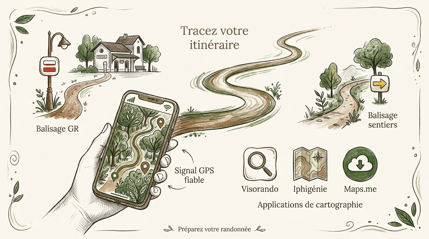 Smartphone affichant une carte de randonnée et balisage en forêt