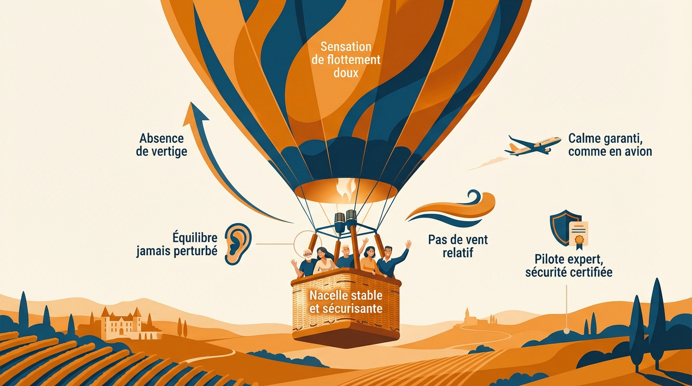 Passagers souriants profitant de la stabilité d'une nacelle de montgolfière en plein vol au lever du soleil