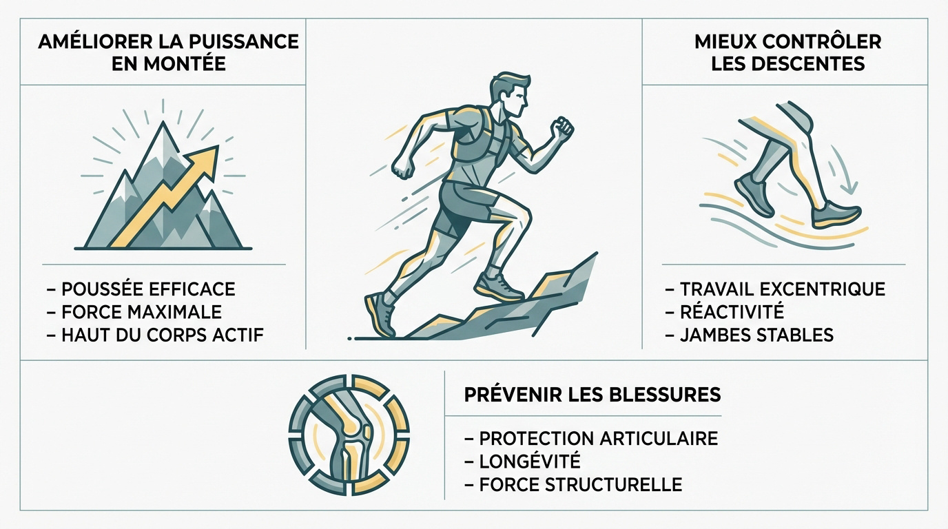 Coureur de trail en plein effort de renforcement musculaire en montagne