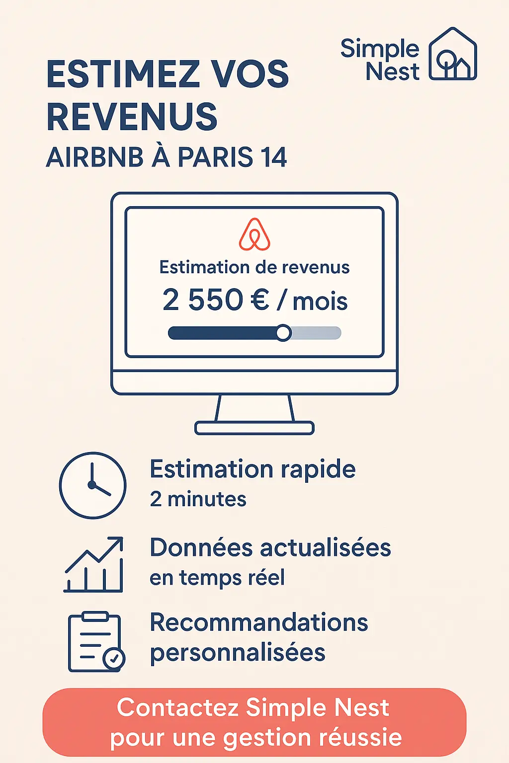 Infographie sur l'outil d'estimation de revenus de Simple Nest pour Airbnb à Paris 14, avec ses avantages et l'appel à l'action.