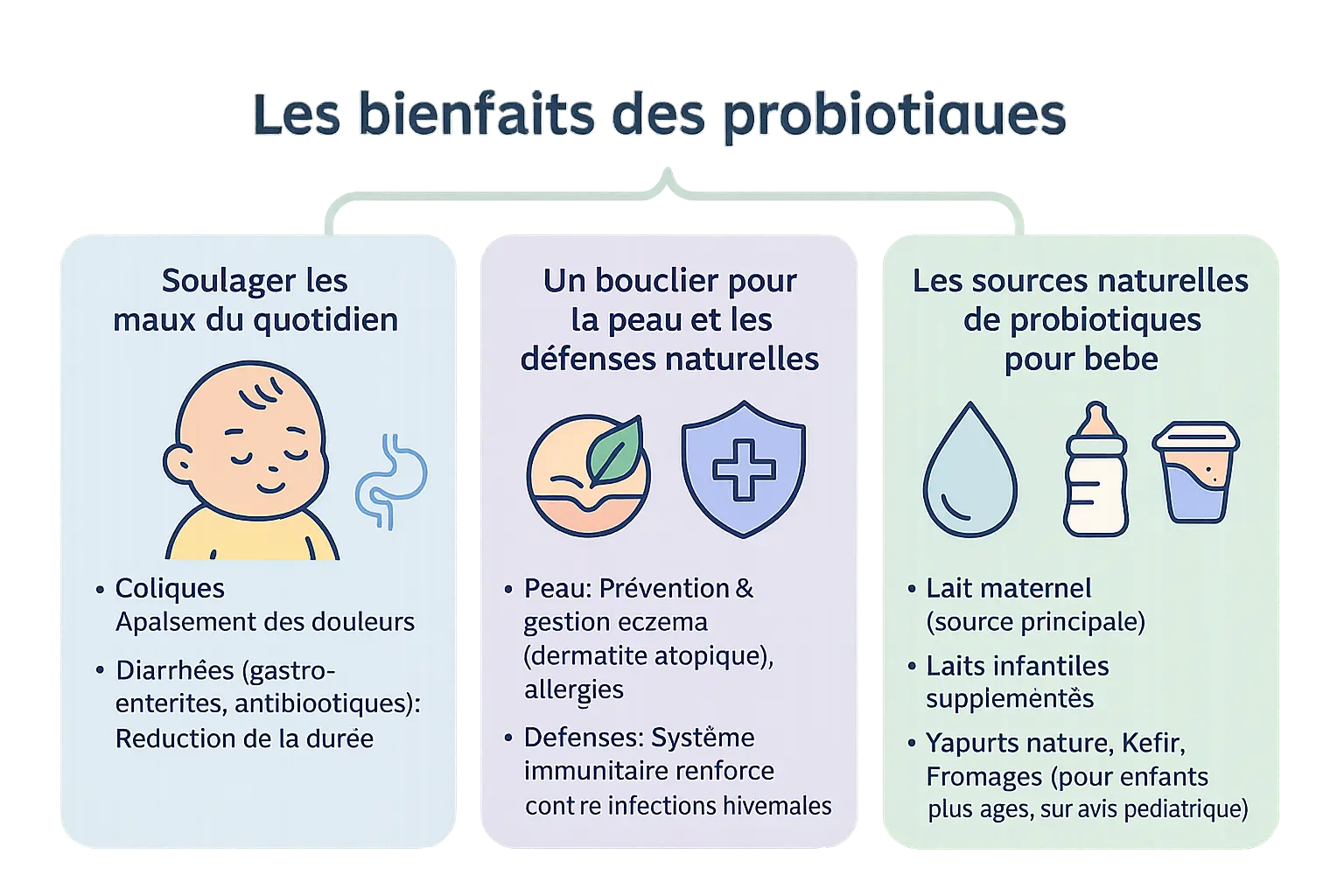 Illustration représentant un bébé souriant entouré de probiotiques bénéfiques