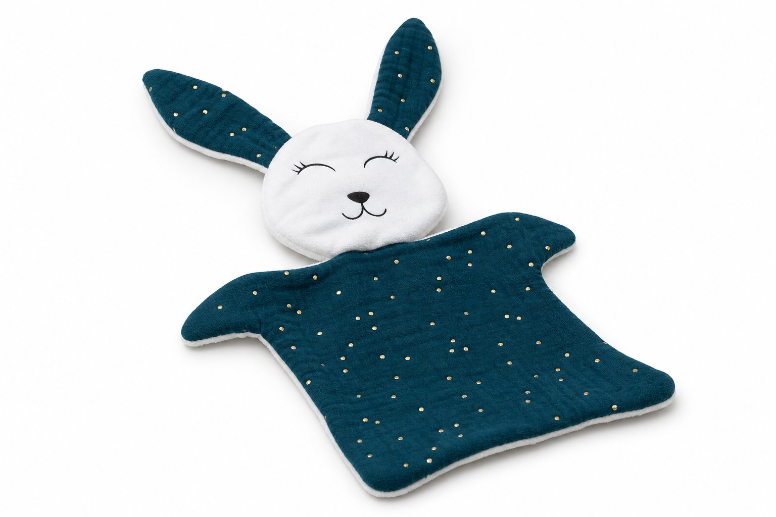 Doudou Lapin en double gaze bleu pétrole et ses points dorés ✨