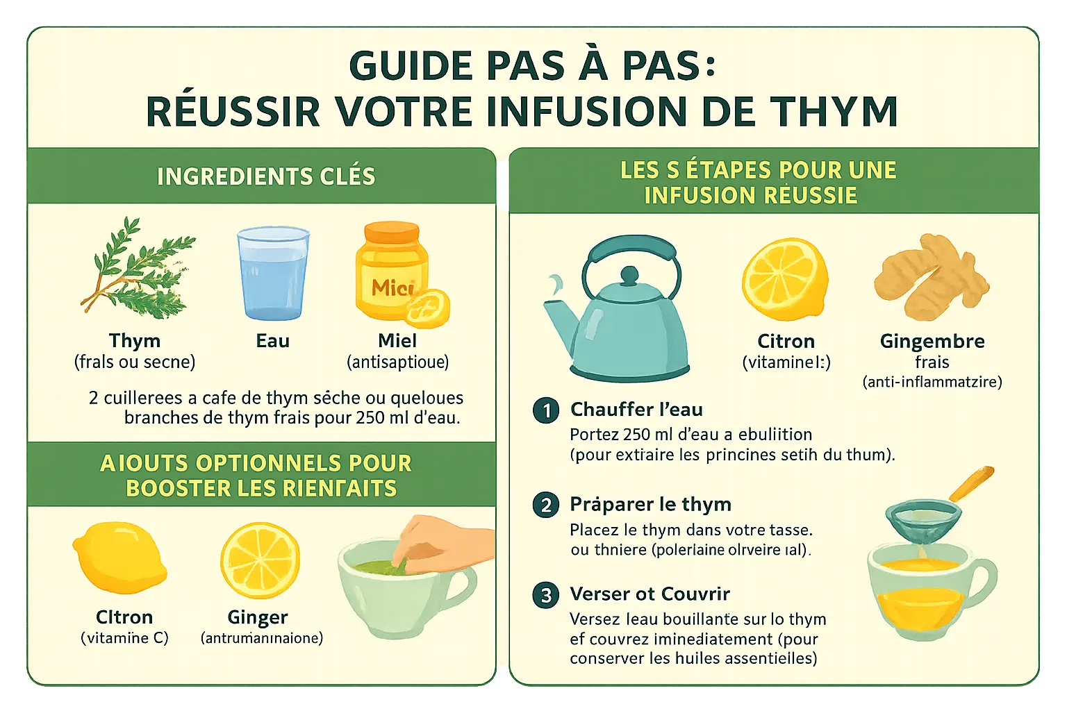 <strong>Infusion de thym</strong> dans une tasse avec citron et brins de thym