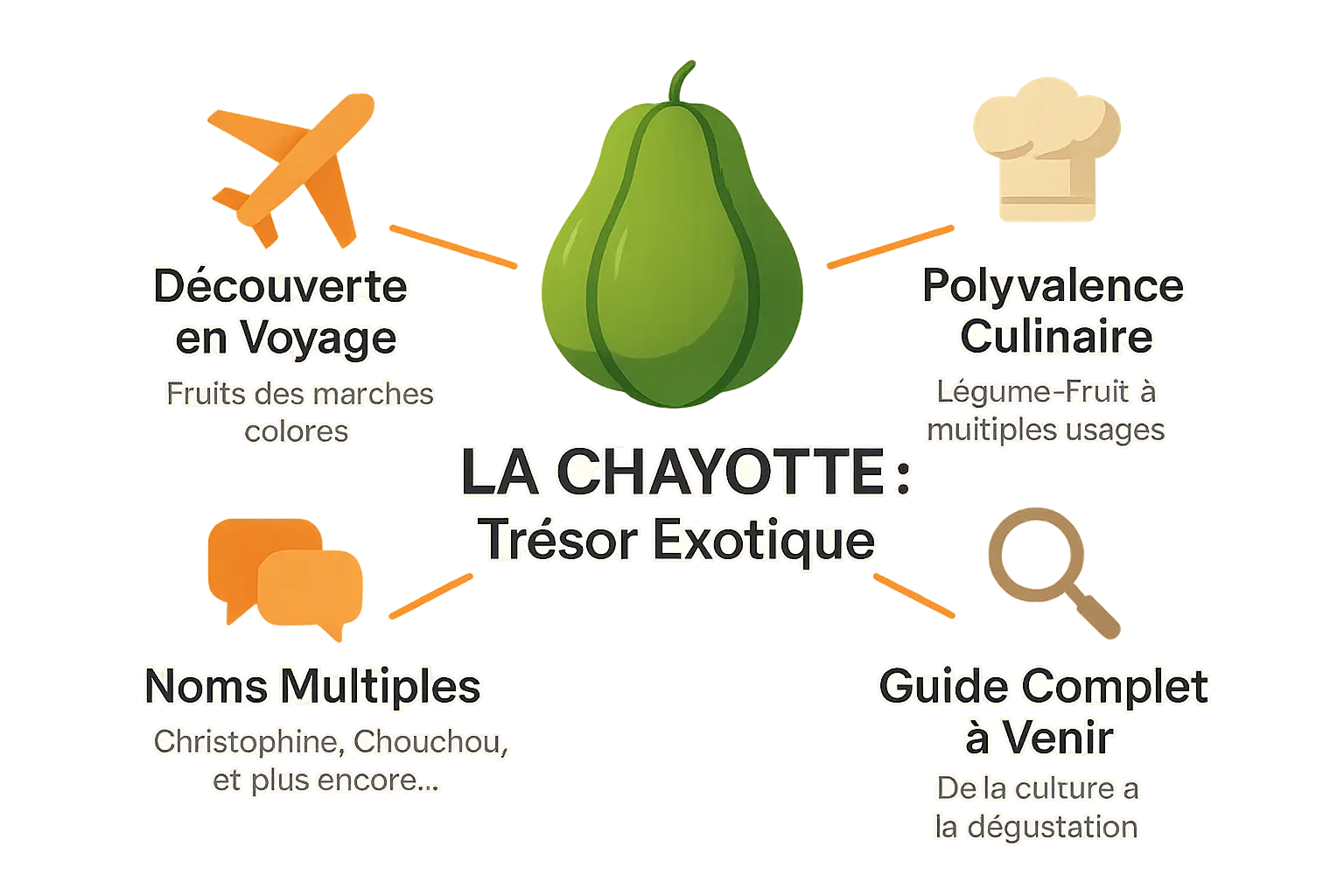 Image représentant une chayotte entourée de feuilles vertes, d'une racine et d'une tige, avec un fond tropical