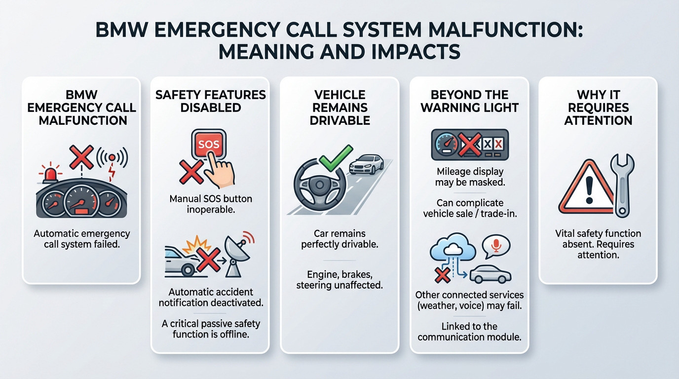 Dashboard view of a BMW displaying the emergency call system malfunction error