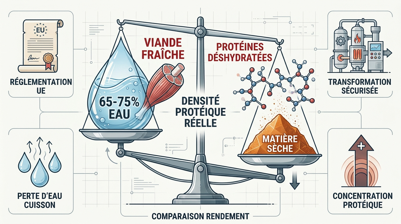 Comparaison visuelle entre viande fraîche et protéines animales déshydratées pour croquettes