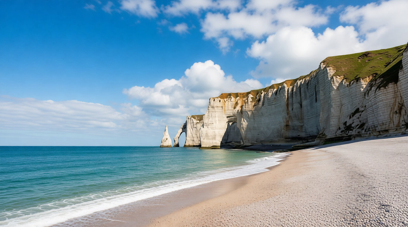 Falaises de craie blanche d'Étretat surplombant la mer sous un ciel bleu