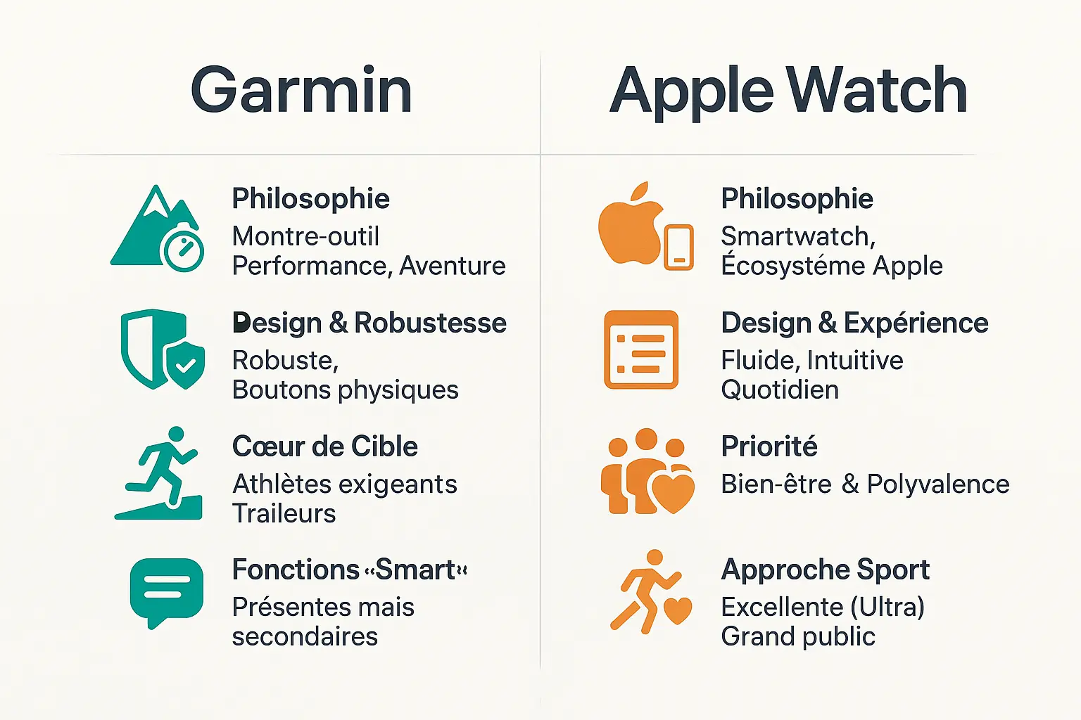 <strong>Comparaison Garmin vs Apple Watch pour le sport</strong>