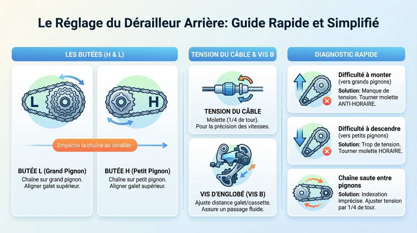 Schéma explicatif des vis de butée H et L sur un dérailleur arrière de vélo électrique