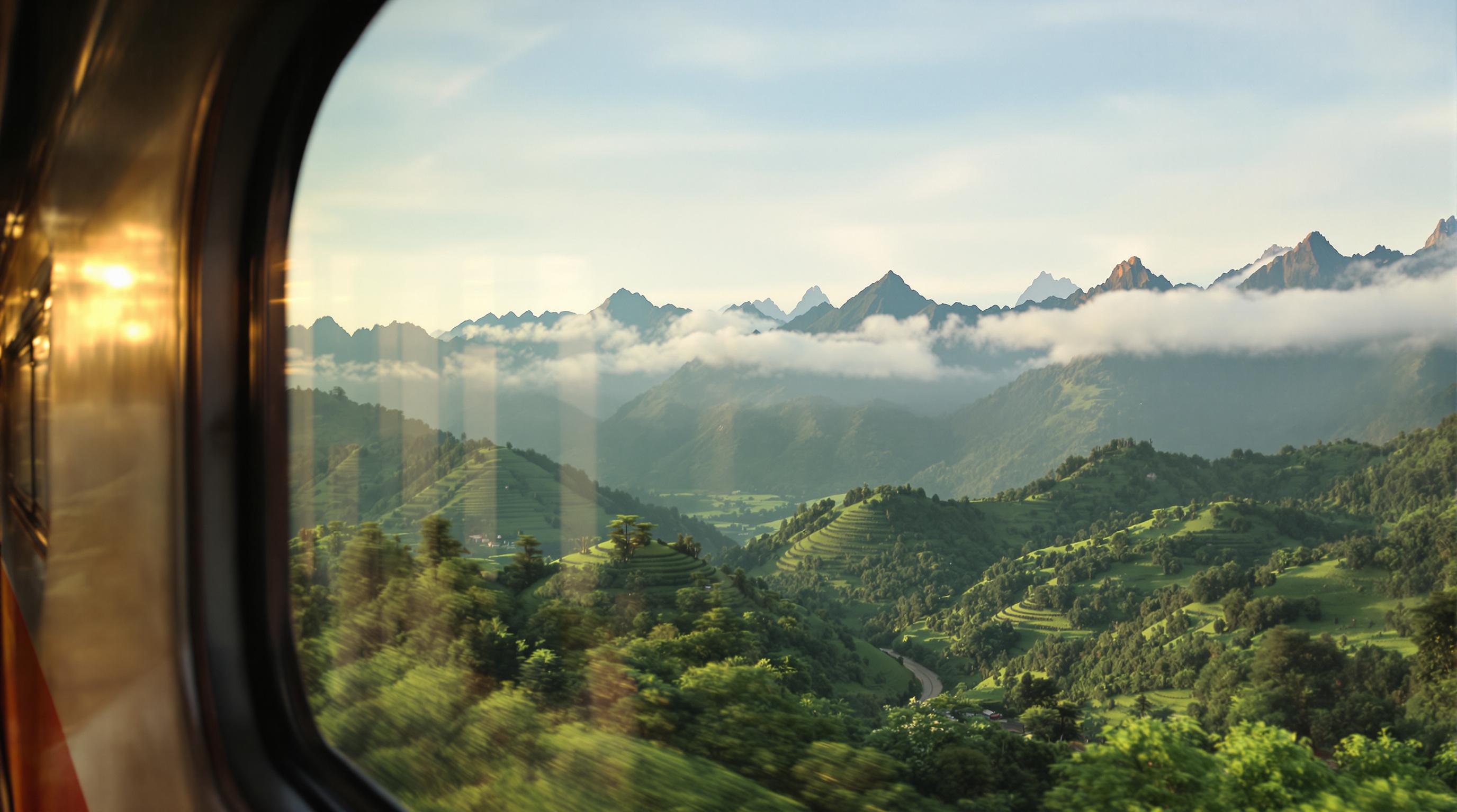 Une vue depuis la fenêtre d'un train en direction de Chiang Mai, montrant les rizières verdoyantes et les montagnes brumeuses au loin. Un voyageur prend une photo avec son téléphone, capturant la beauté du paysage thaïlandais. L'image doit transmettre un sentiment d'aventure et de découverte.
