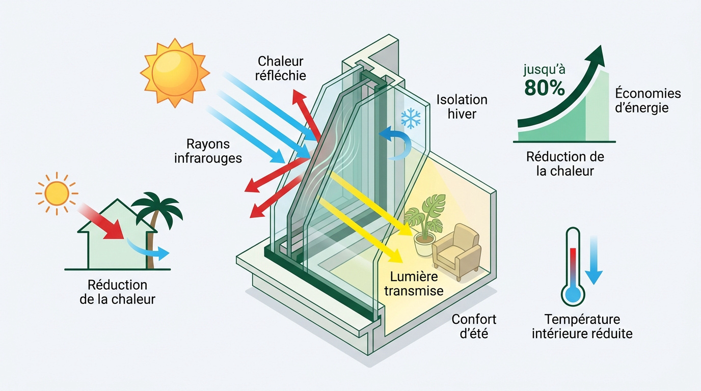 Infographie expliquant les bénéfices du vitrage à contrôle solaire pour l'isolation thermique