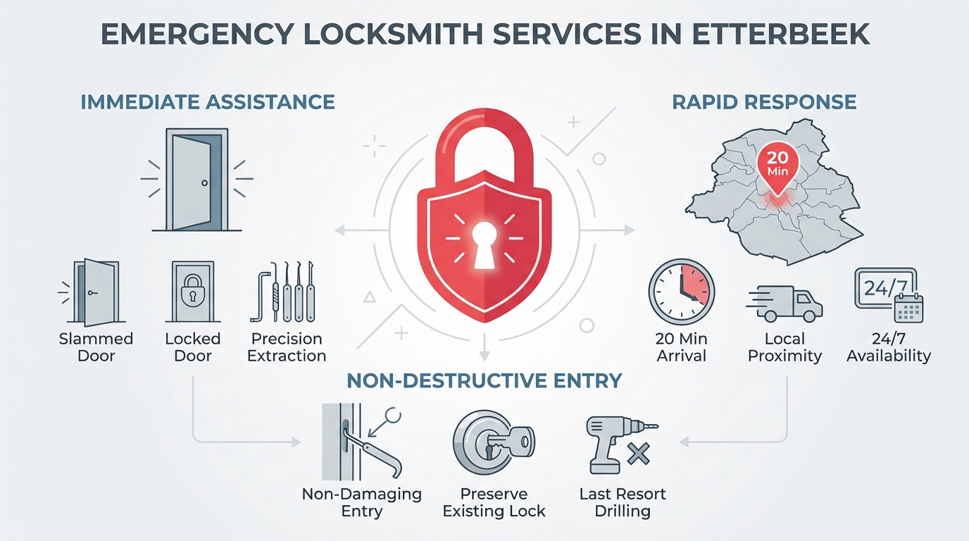 Professional locksmith technician performing emergency door opening in Etterbeek