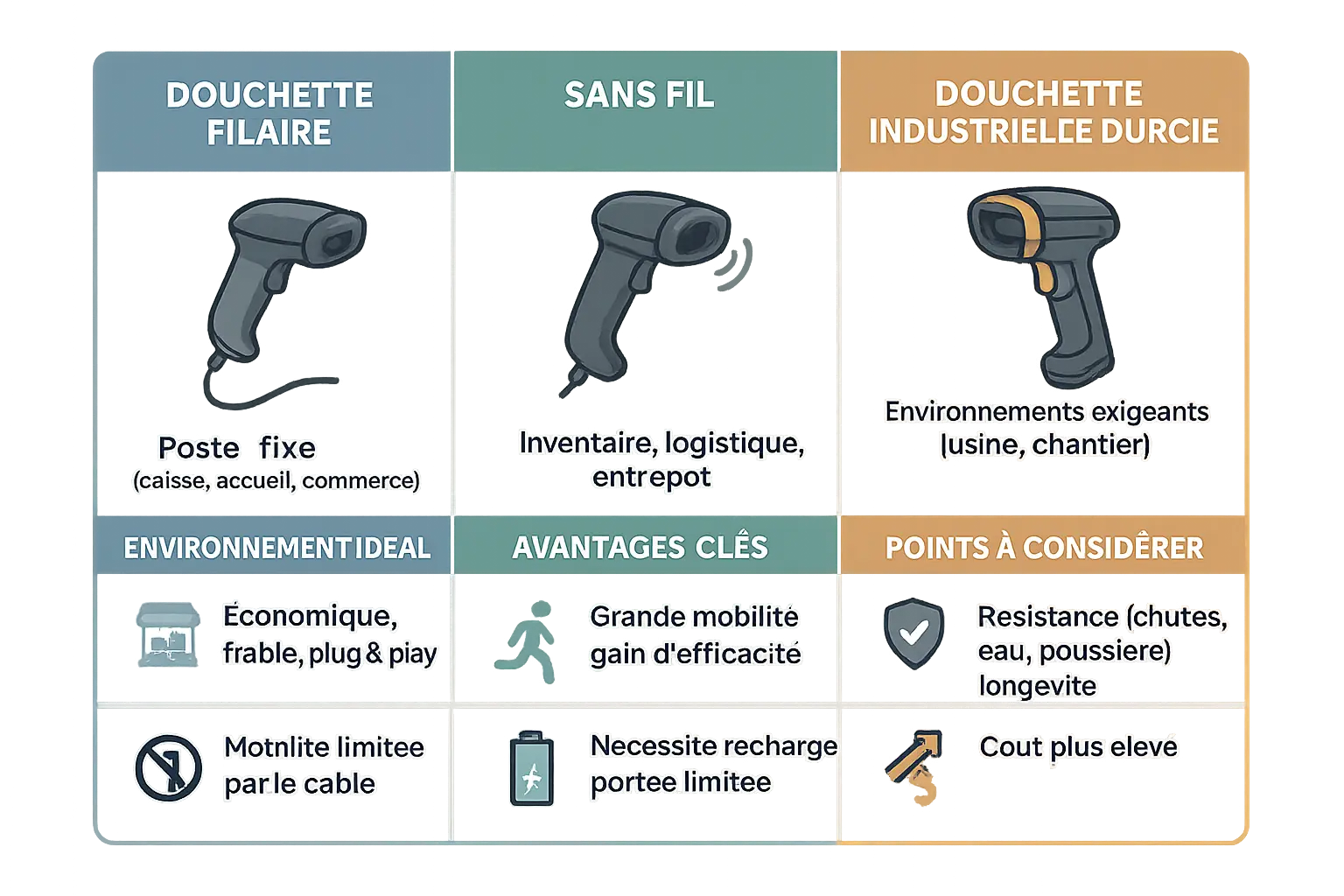 Illustration des <strong>différents types de douchettes code barre</strong>