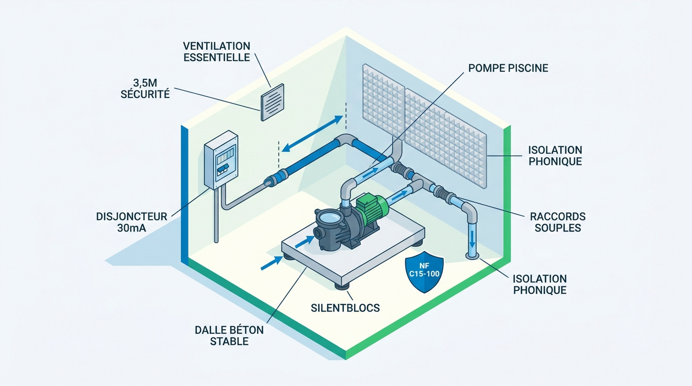 Installation d'une pompe de piscine dans un local technique ventilé avec filtration