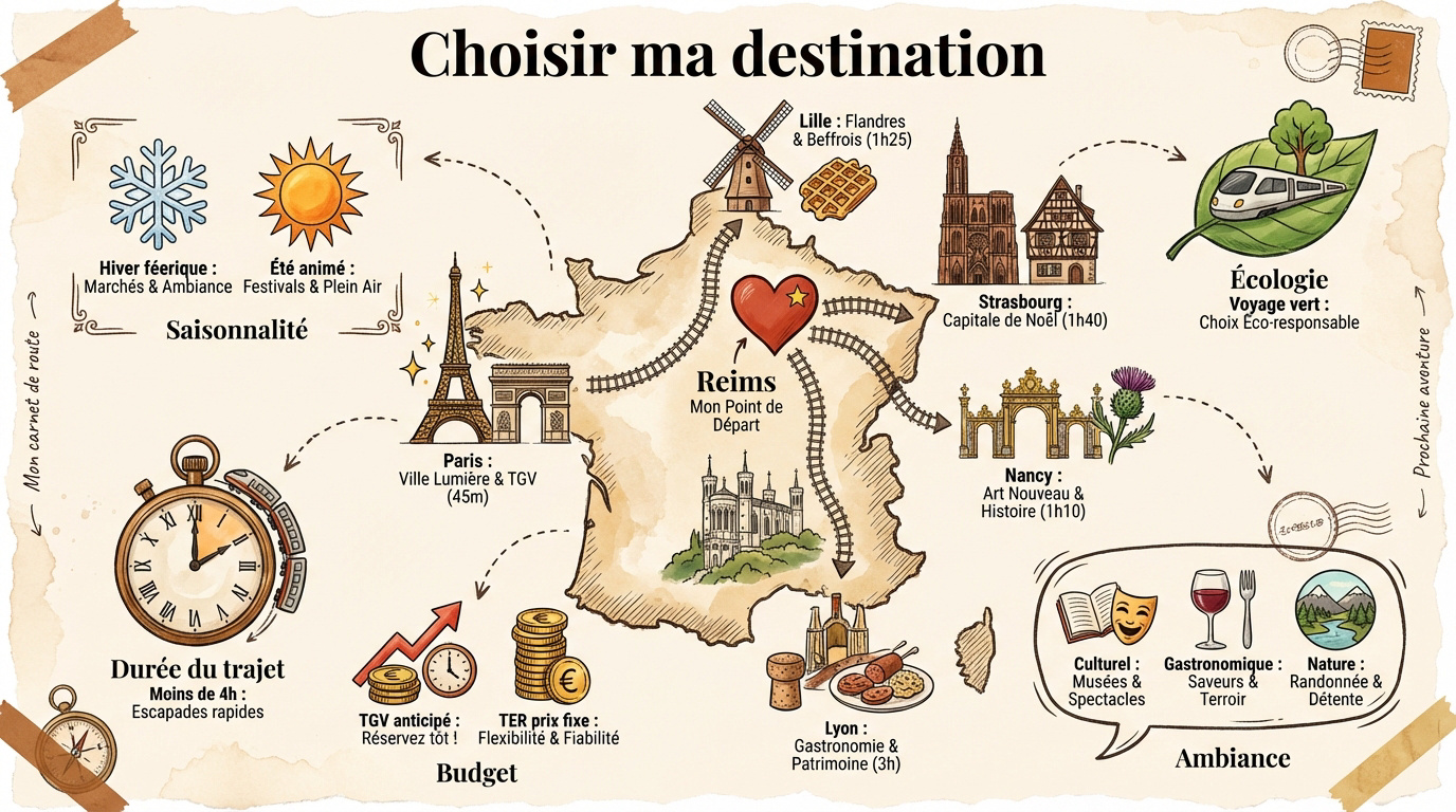 Infographie comparative pour choisir sa destination de weekend en train depuis Reims
