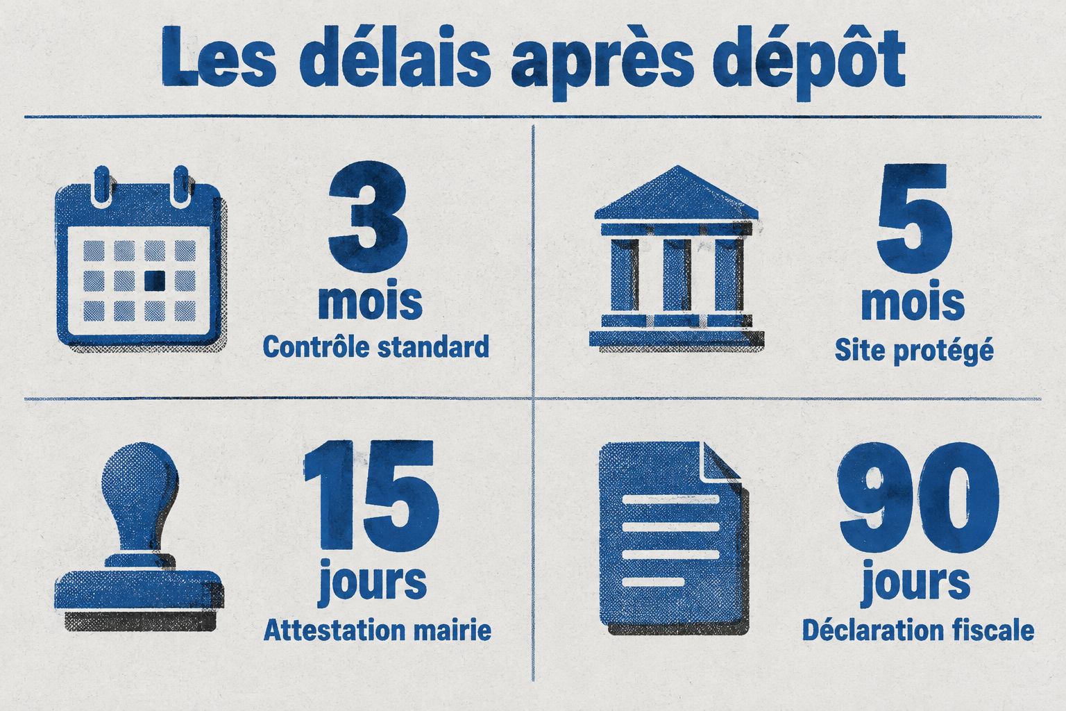 Grille de quatre délais après dépôt de DAACT partielle : contrôle standard 3 mois, site protégé 5 mois, attestation mairie 15 jours, déclaration fiscale 90 jours.