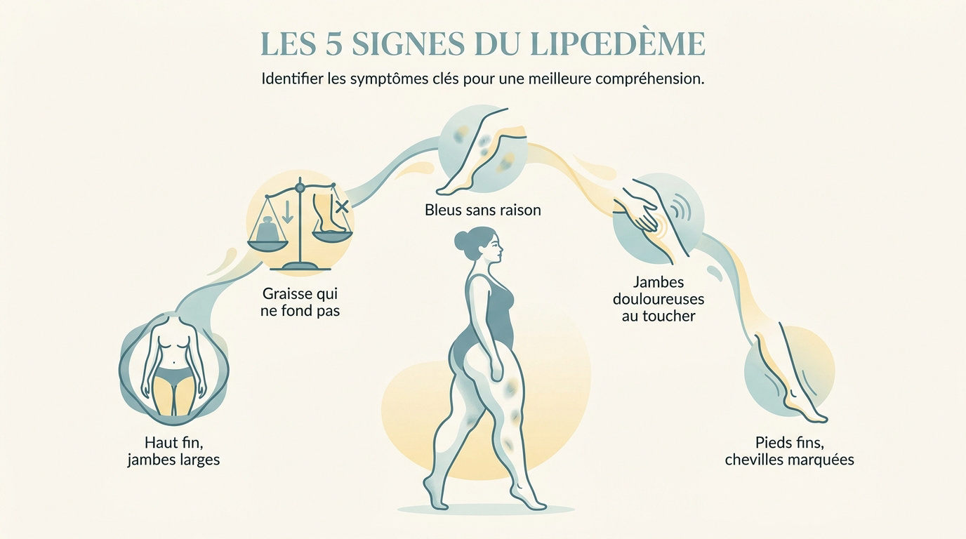 Illustration des signes cliniques du lipœdème et de la disproportion des jambes
