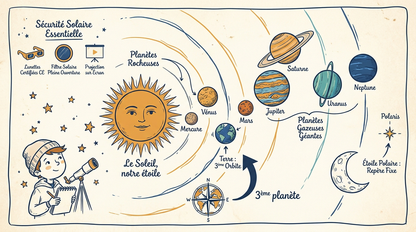 Enfants observant les planètes et le système solaire avec émerveillement