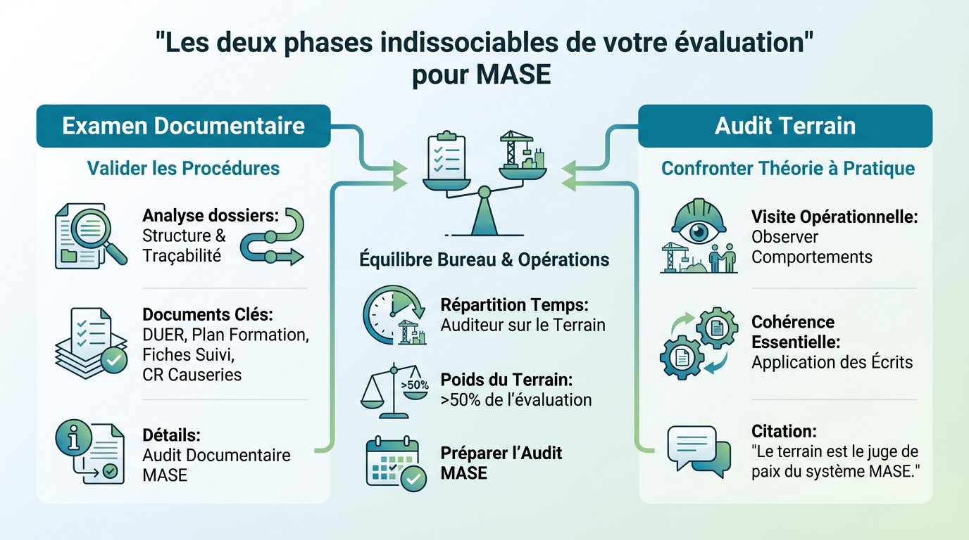 Auditeur réalisant une évaluation MASE en entreprise, alternant entre vérification documentaire et observation terrain