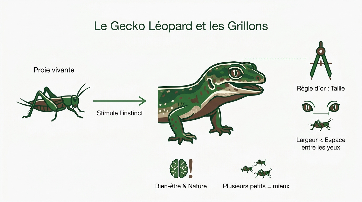 Gecko léopard observant un grillon pour évaluer sa taille avant la chasse