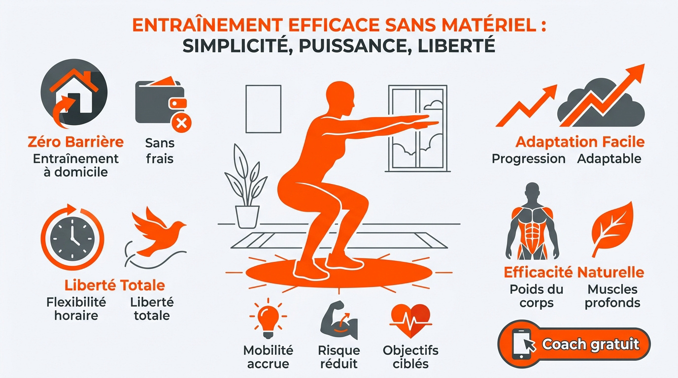 Personne s'entraînant au poids du corps dans son salon sans matériel