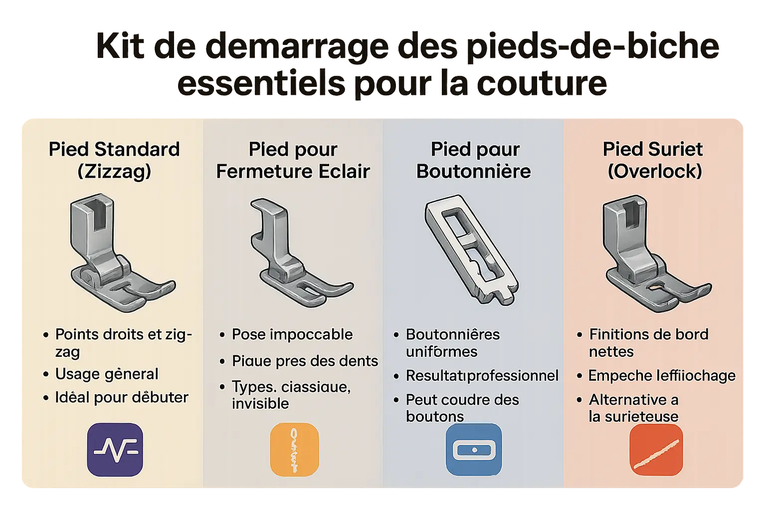 Différents pieds de biche pour machine à coudre