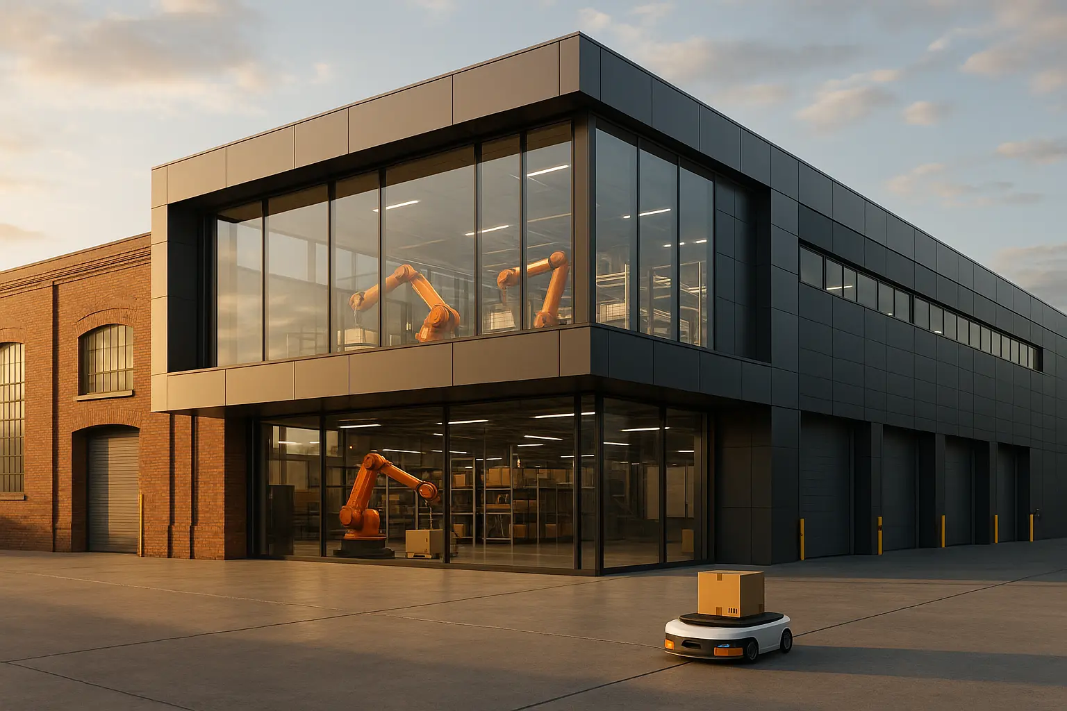 Illustration d'un entrepôt logistique moderne avec robots et structure métallique