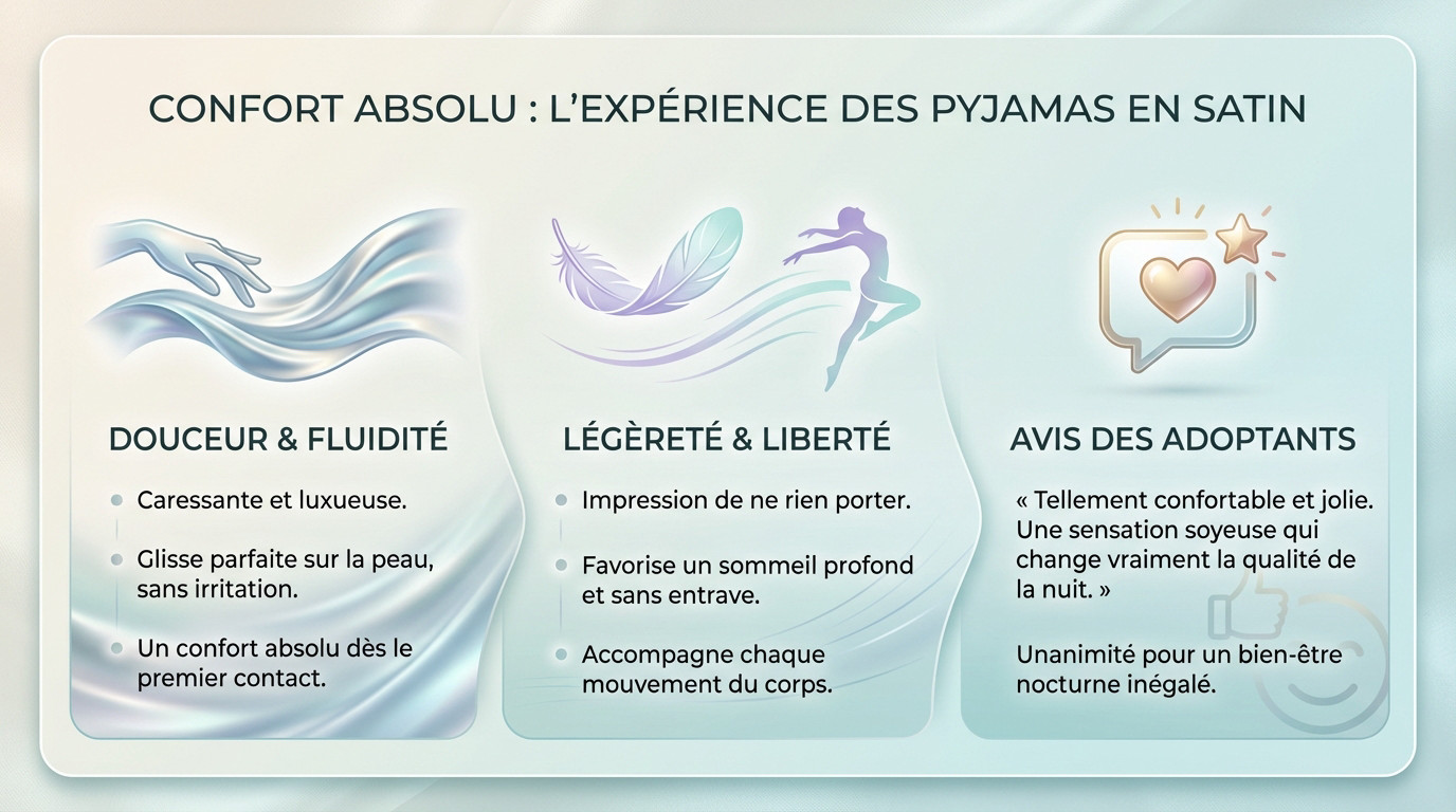 Infographie illustrant le confort absolu et la douceur d'un pyjama en satin porté pour dormir