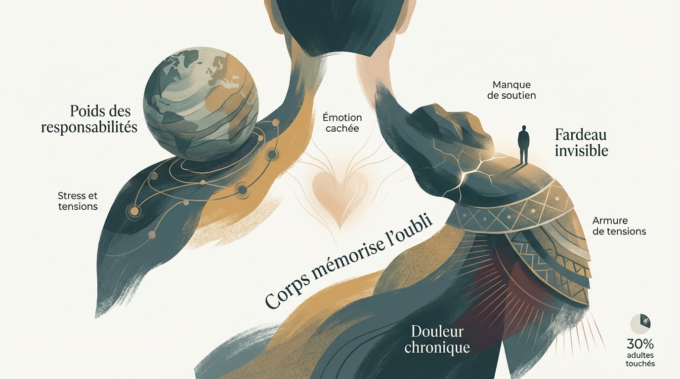 Illustration symbolique du poids émotionnel sur les épaules et la mémoire du corps