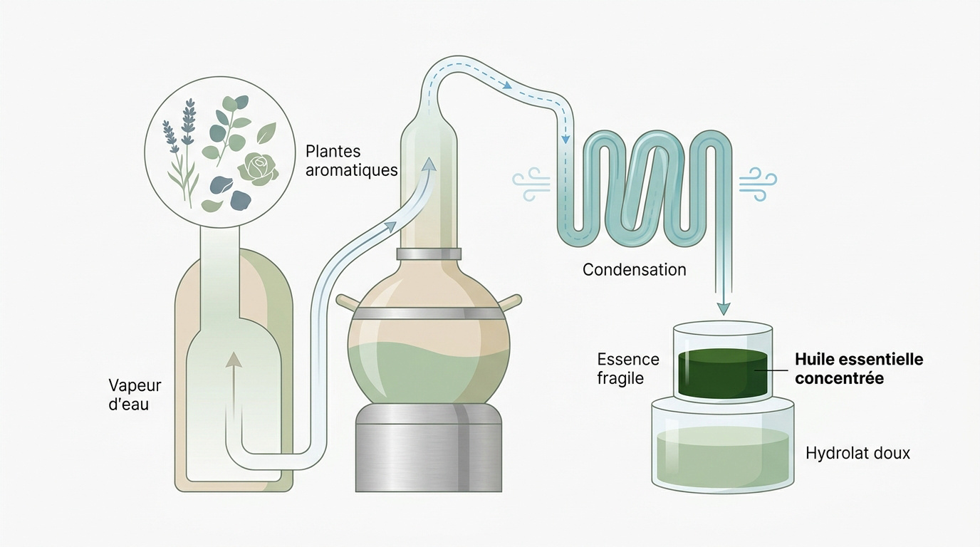 Schéma du processus de distillation à la vapeur d'eau pour obtenir huiles essentielles et hydrolats
