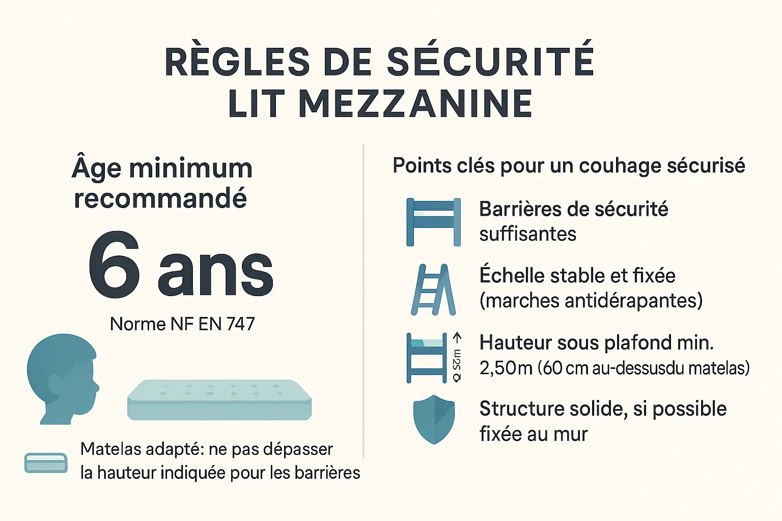 Illustration des règles de sécurité pour les lits mezzanines
