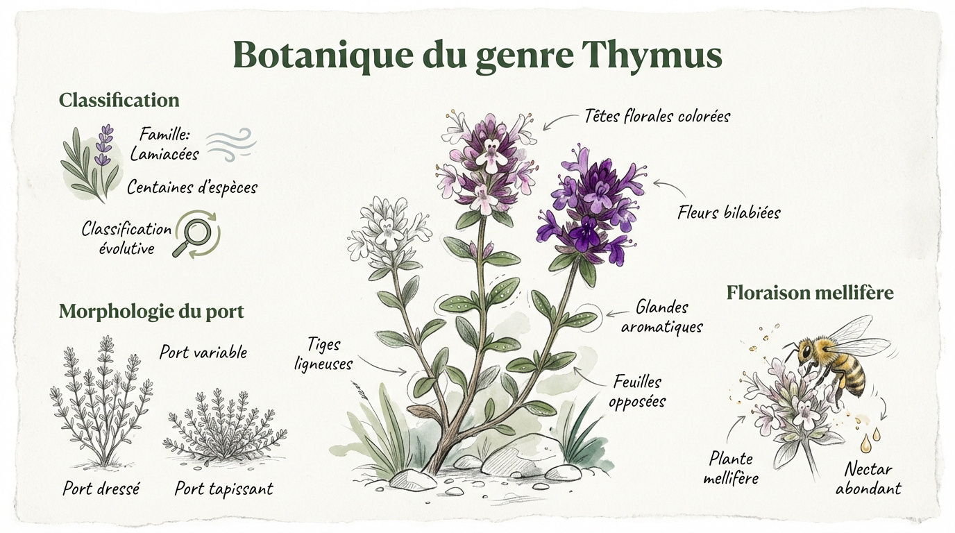 Infographie botanique détaillée du genre Thymus présentant les caractéristiques des tiges et feuilles